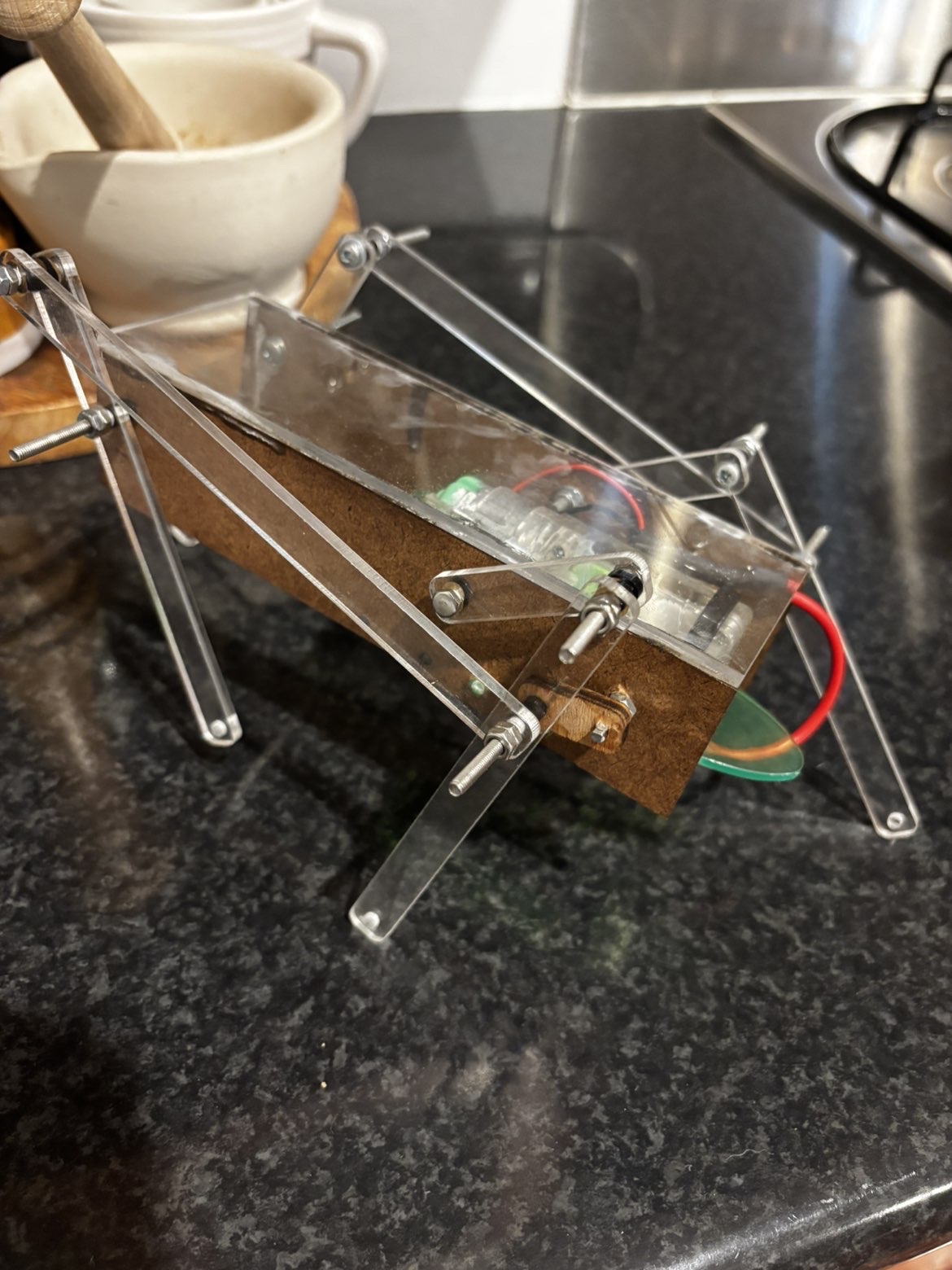 Walking robot wide view showing full linkage assembly