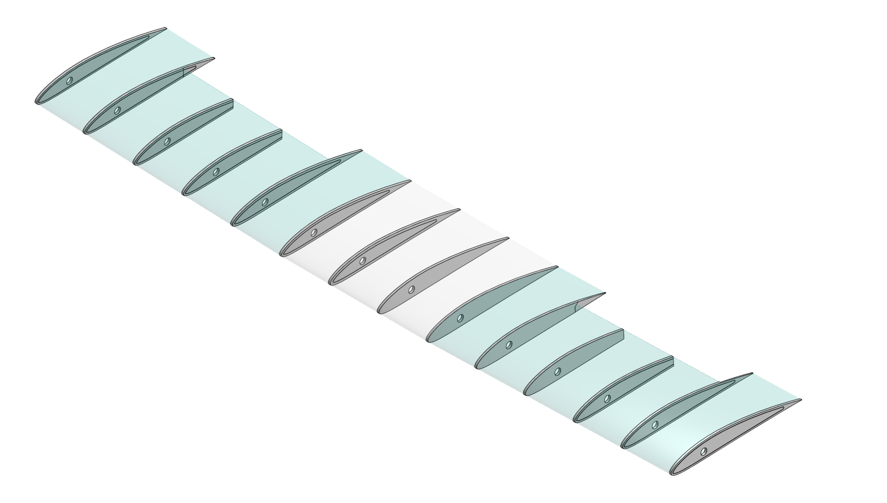 Wing rib airfoil cross-sections, isometric