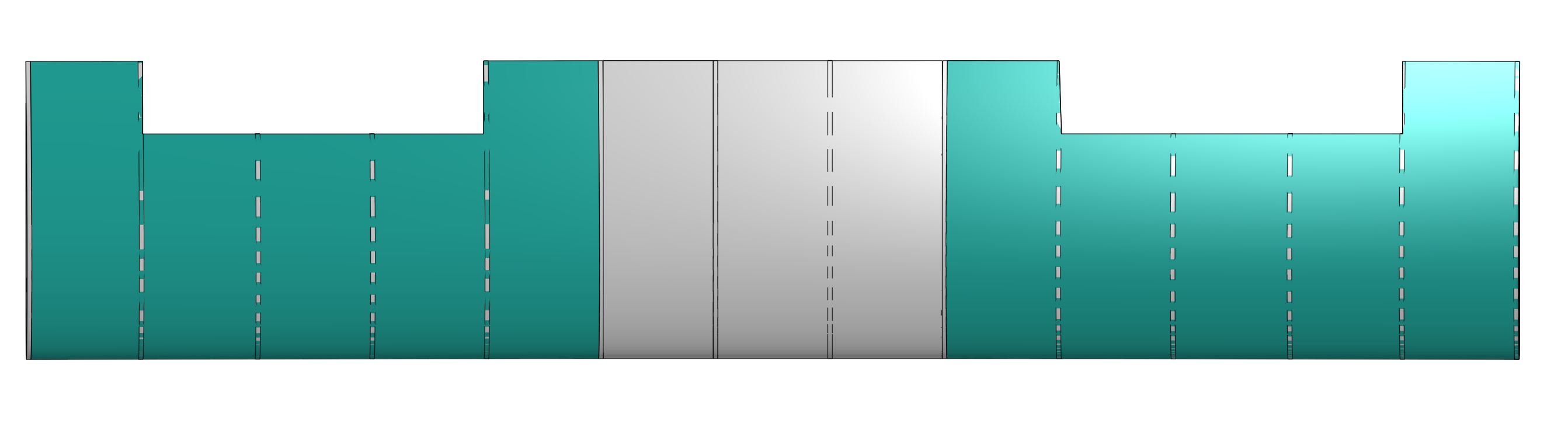 Twin-boom UAV wing planform, front view showing rib spacing and dihedral break