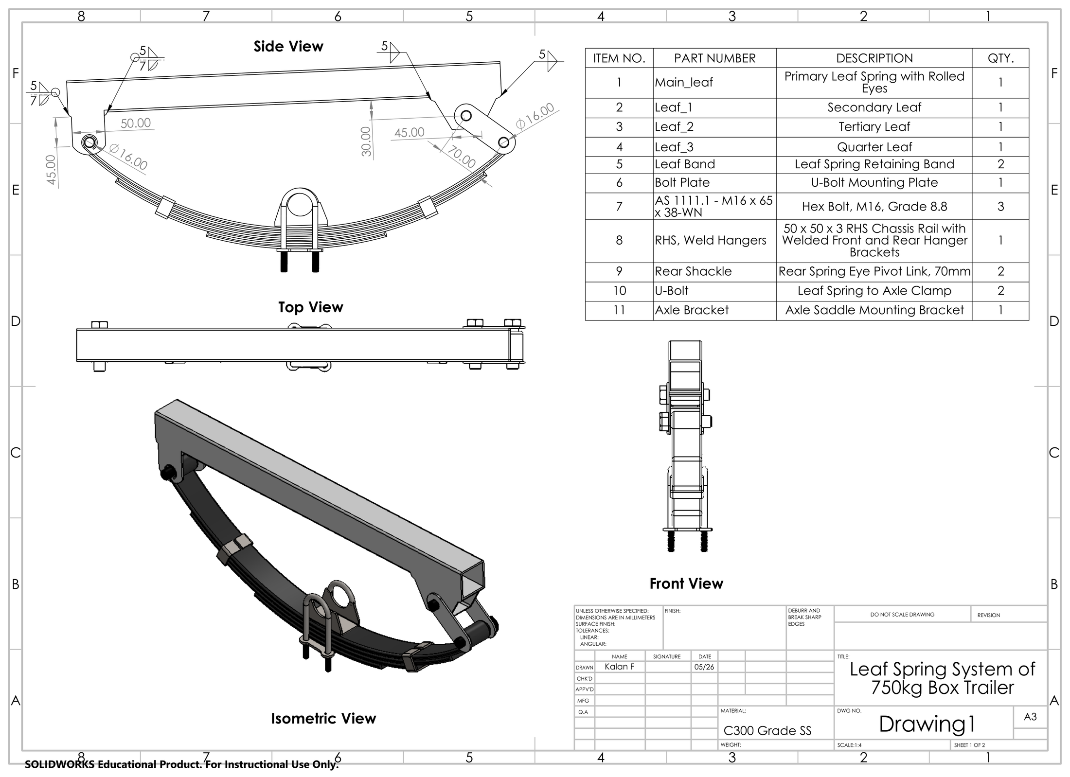 SolidWorks general-arrangement drawing of the 750 kg box trailer leaf spring system with bill of materials