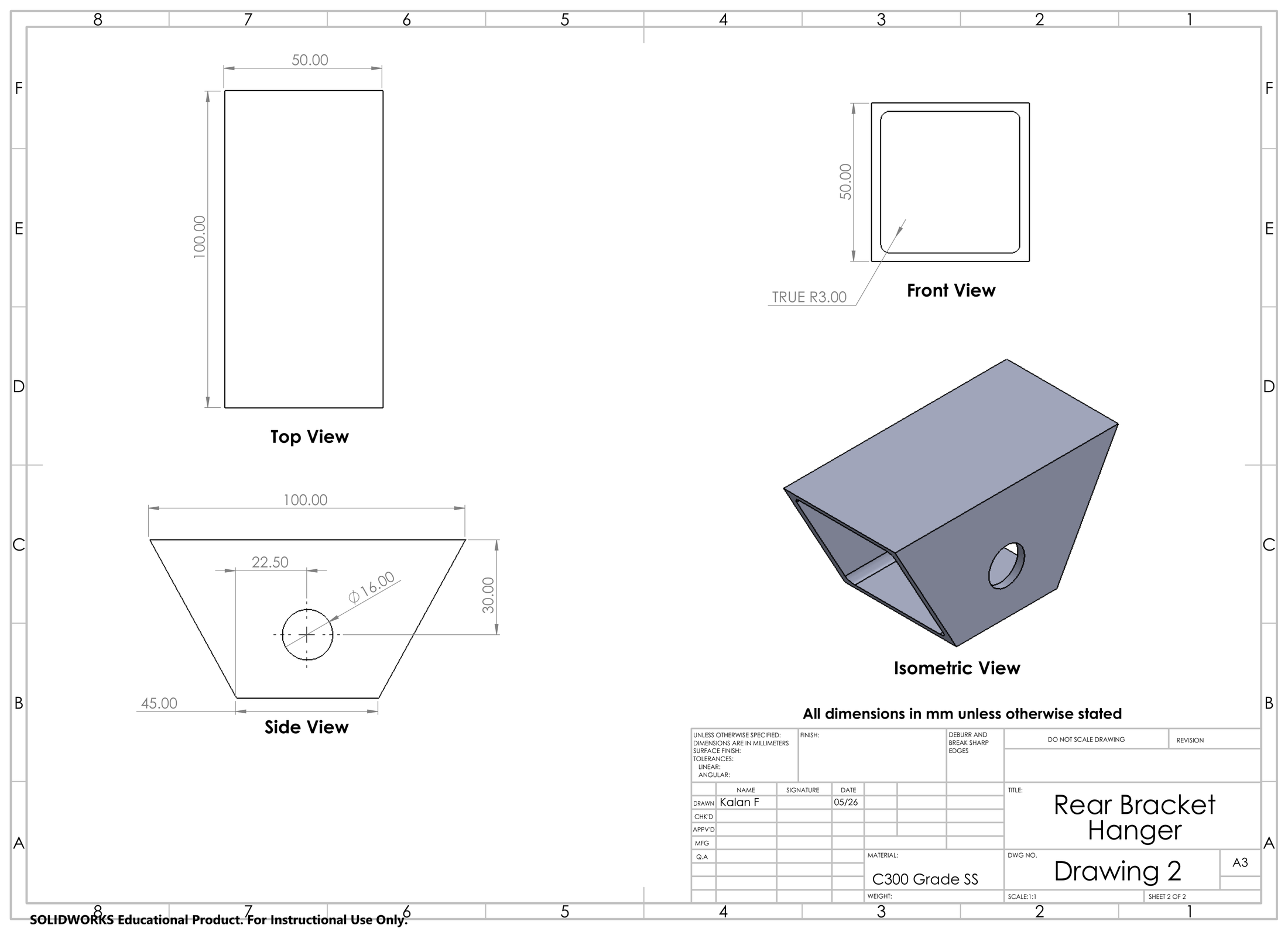 SolidWorks detail drawing of the rear hanger bracket with dimensions